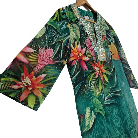 Chico's Tropical Print Semi Sheer Embellished Tunic Size 4/6 - Picture 3 of 9